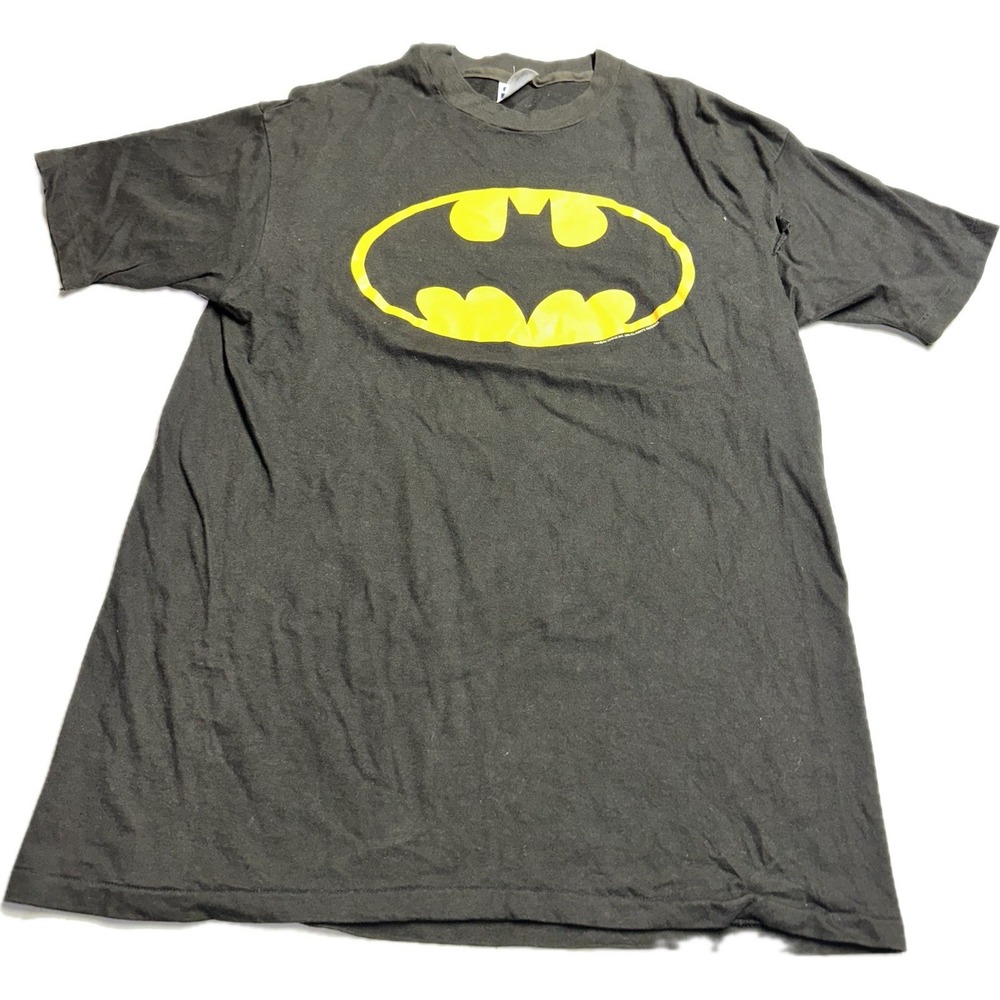 Vintage 80s Batman Yellow Bat Logo XL T-Shirt Black Tee DC Comics Single‎ Stitch